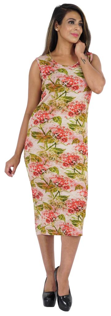 Bimba Printed Bodycon Midi Dress For Women Casual Sleeveless Viscose Jersey