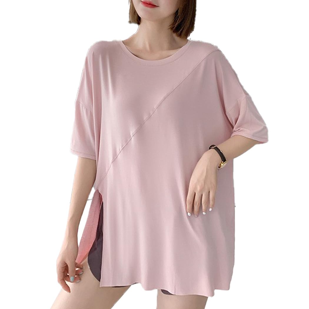 

DAYCLOSET Футболка женская с коротким рукавом для йоги, длинная, свободного кроя, yoga124, льстящая фигуру, длина, посадка, тонкая, оверсайз, (2XL, Розовый) розовый