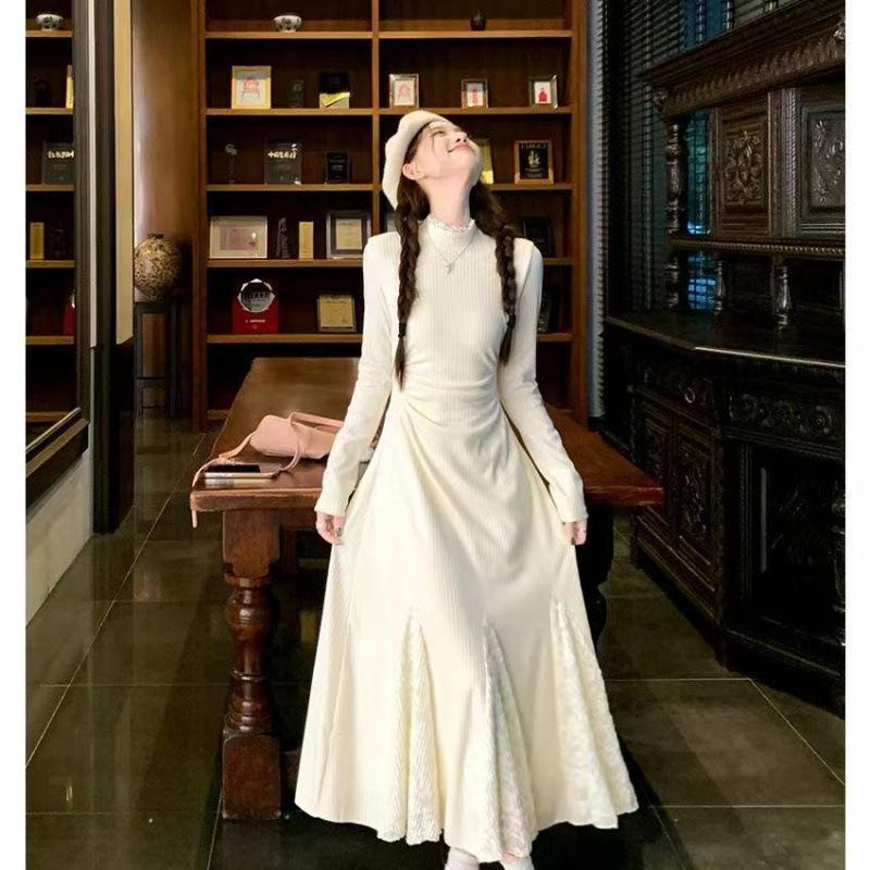 Small knitted dress long-sleeved lace splicing fishtail skirt waist half-high neck inner skirt