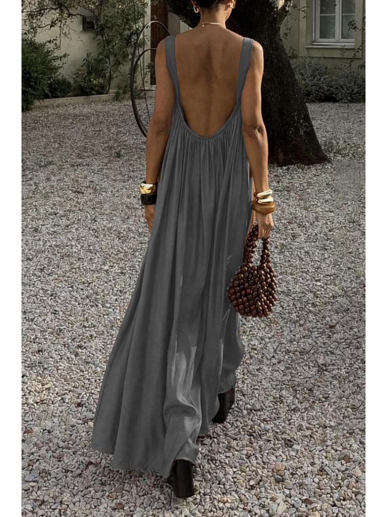 Elegant French Pleated Spaghetti Strap Summer Dress with Back Cutout