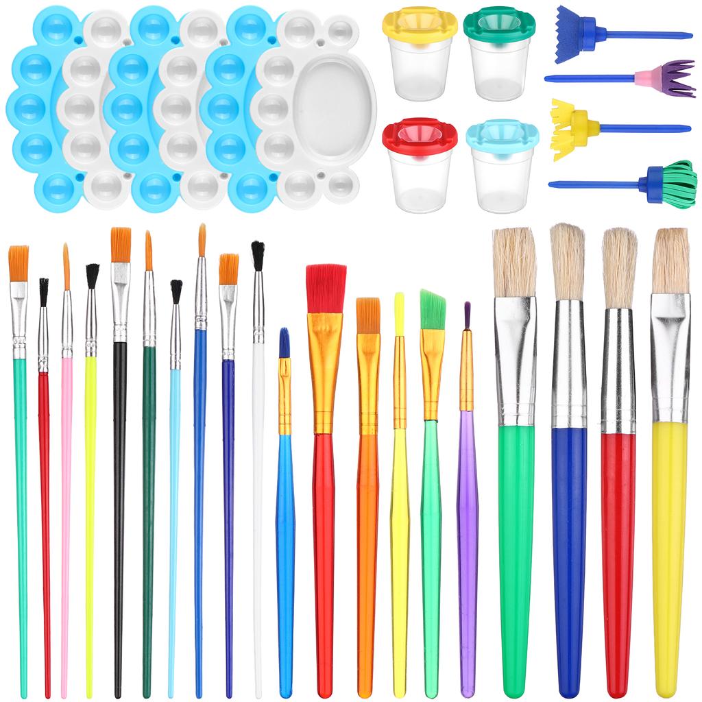 34Pcs Kids Painting Brushes Set Spill-Proof Paint Cups With Lid Paint Brushes Palette Tray Brush Ideal For Watercolour School Pr