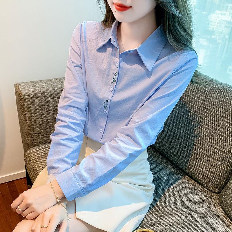 Women's Blue Shirt Autumn New Style Versatile Embroidered White Shirt Long Sleeve Top