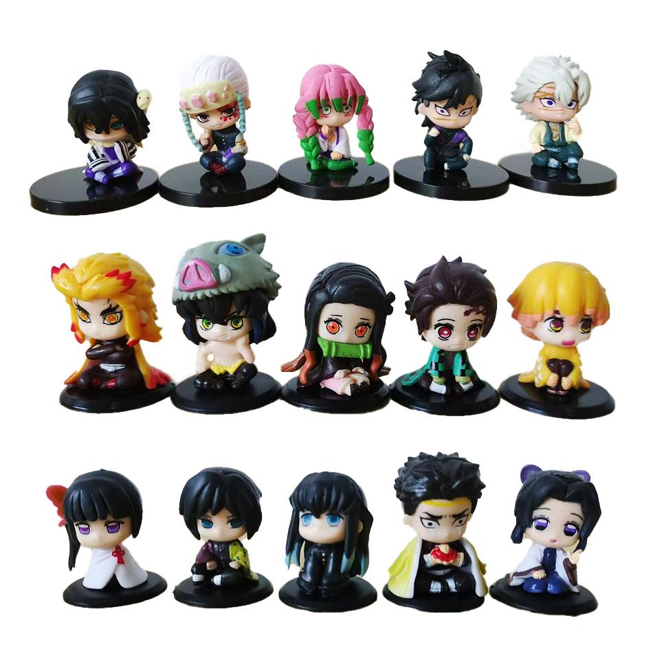 15 PCS/Set Q Version Demon Slayer Sitting Ghost Doll Tanjiro Nidouzi Inosuke Zenizu Figure Action Figure Movie Model Toys Doll