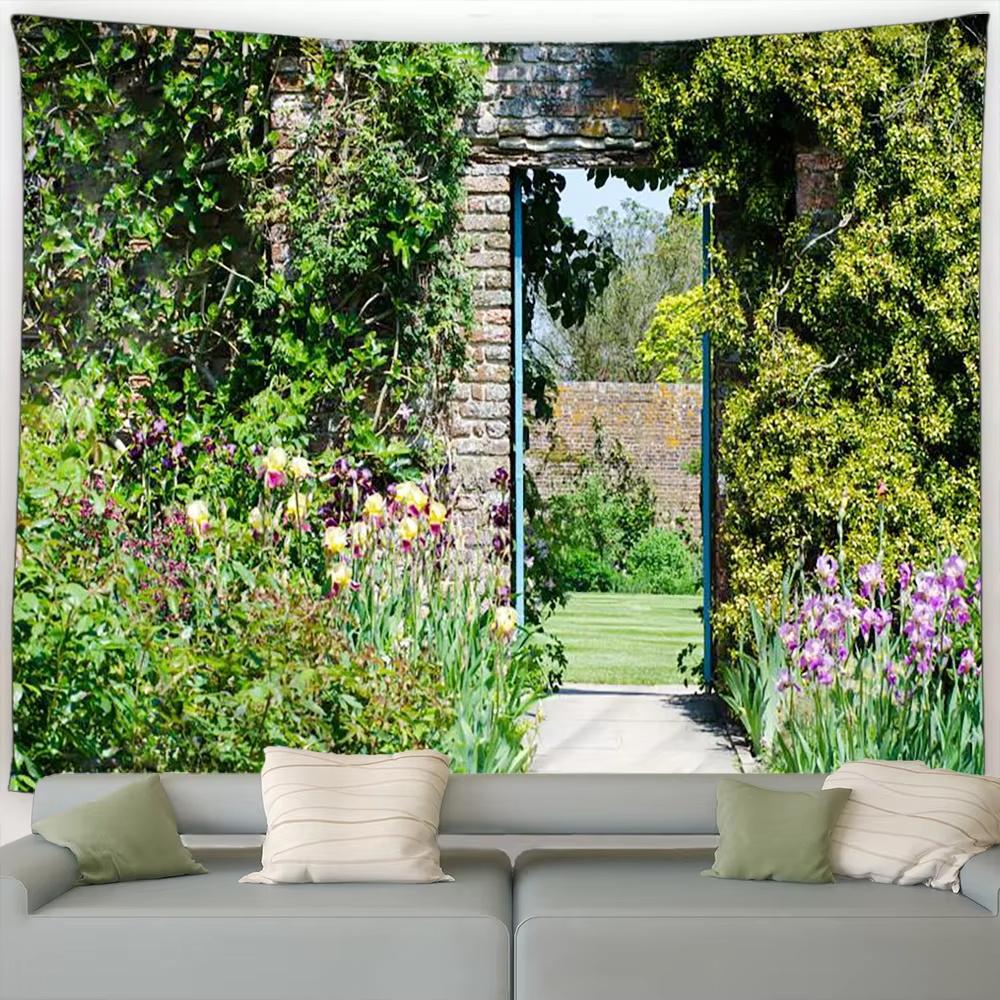 Street Flower Scenery Tapestry Vintage Blue Wooden Door Floral Plants Nature Landscape Home Garden Decor Wall Hanging Picnic Mat