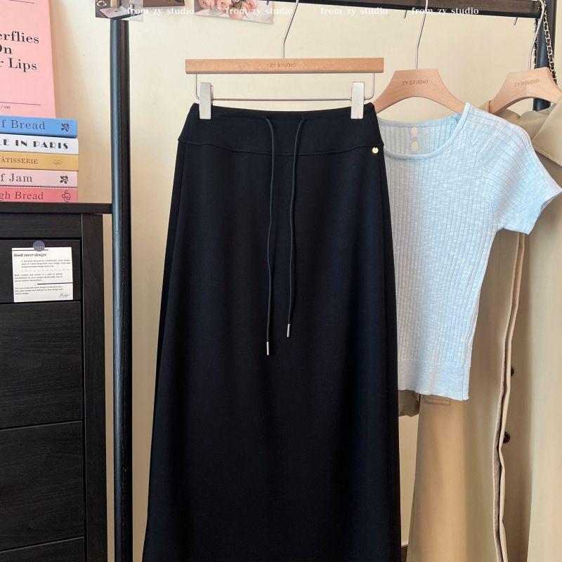 Fustă Midi din Bumbac cu Talie Elastică Înaltă, cu Șnur, Drapată și cu Șliț A-Line