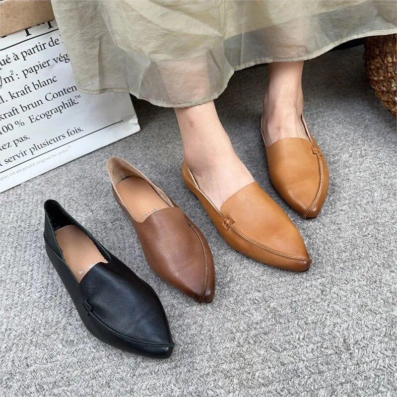 Johnature Retro Women Genuine Leather Pointed Toe Flats Shoes Handmade Shallow Soft Sole Solid Color Slip-on Shoes