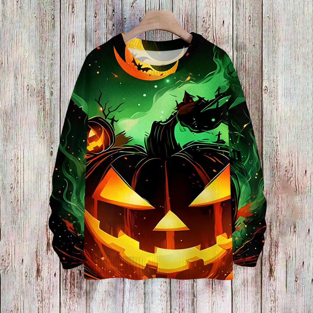 Women's Halloween Print Knit Sweater Long Sleeve Round Neck Casual Pullover