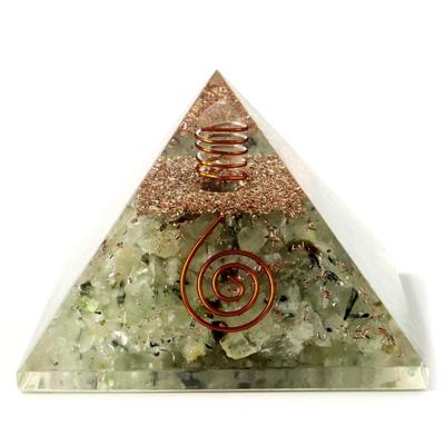 [GOLD STONE] Orgonite Pyramid with Prehnite and Single Quartz Crystals, Spiritual Item, Approximately 65-70mm Wide