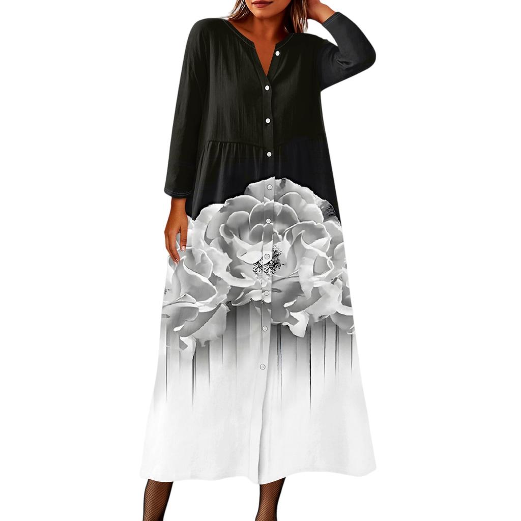 Dámské módní tištěné kulaté sedmiminutové rukávy knoflíkové volné košilové šaty