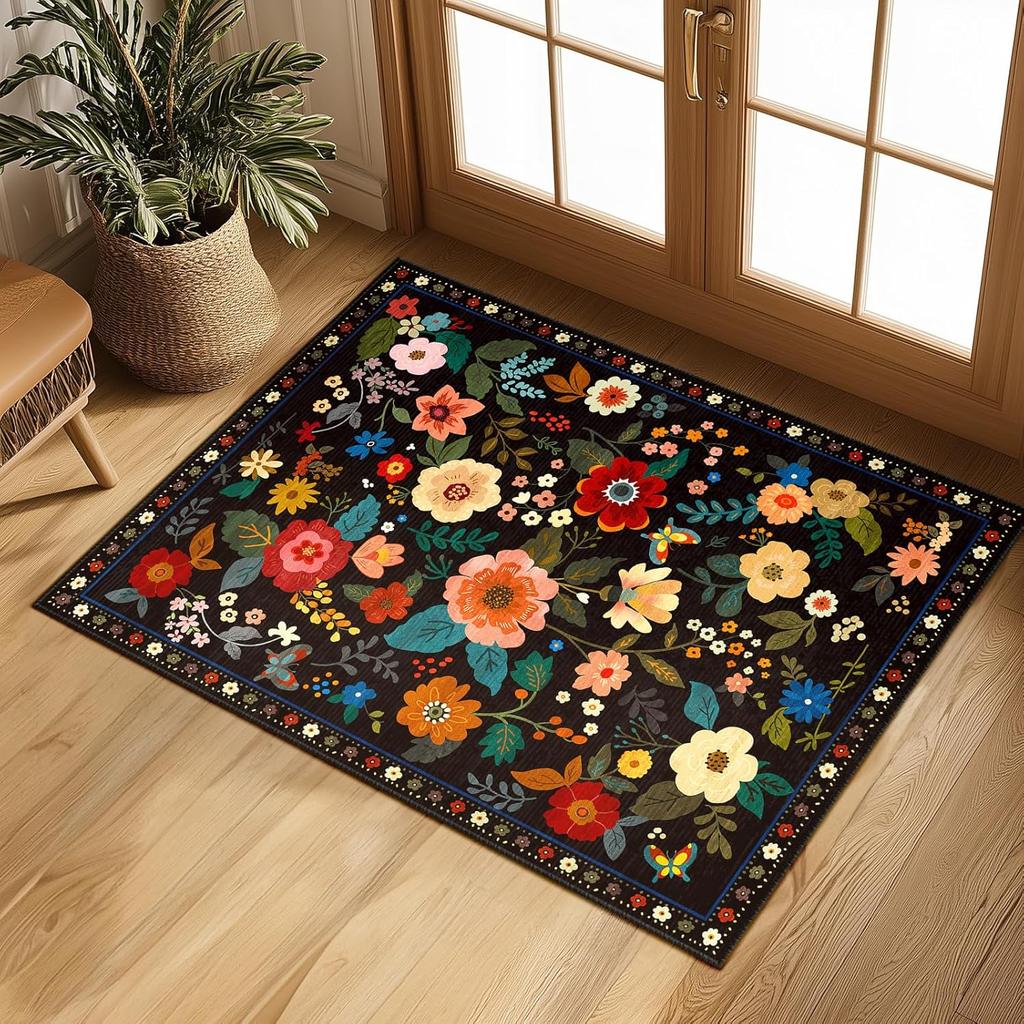 Crystal velvet carpetFloral  Area Rug Machine Washable Soft Print Boho Carpet Non Slip Doormat Low Pile Flower Area Rugs for