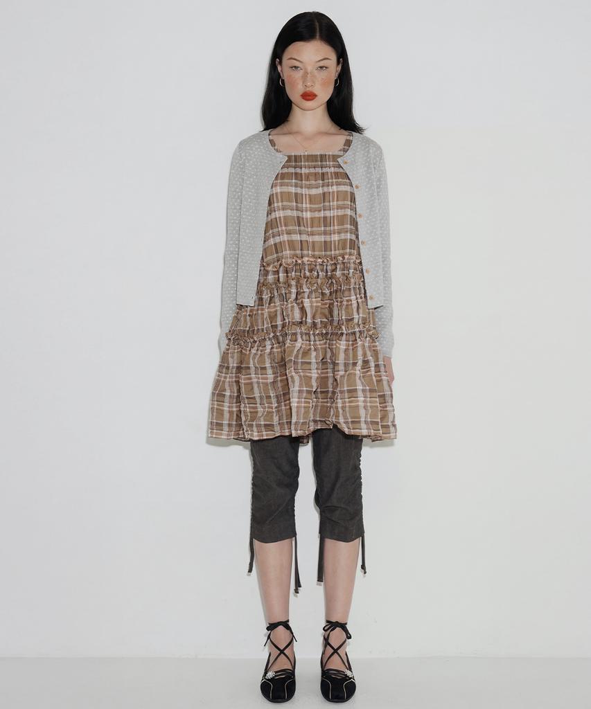 Cecese Tiered Ruffle Check Dress Beige