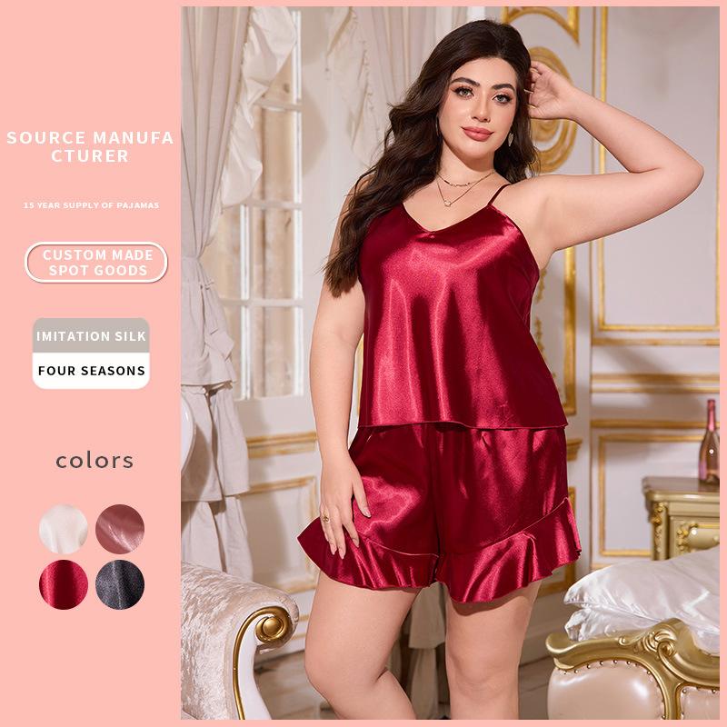 New European and American large-size sexy pajamas simulated silk women's loungewear pajamas sexy pajamas set