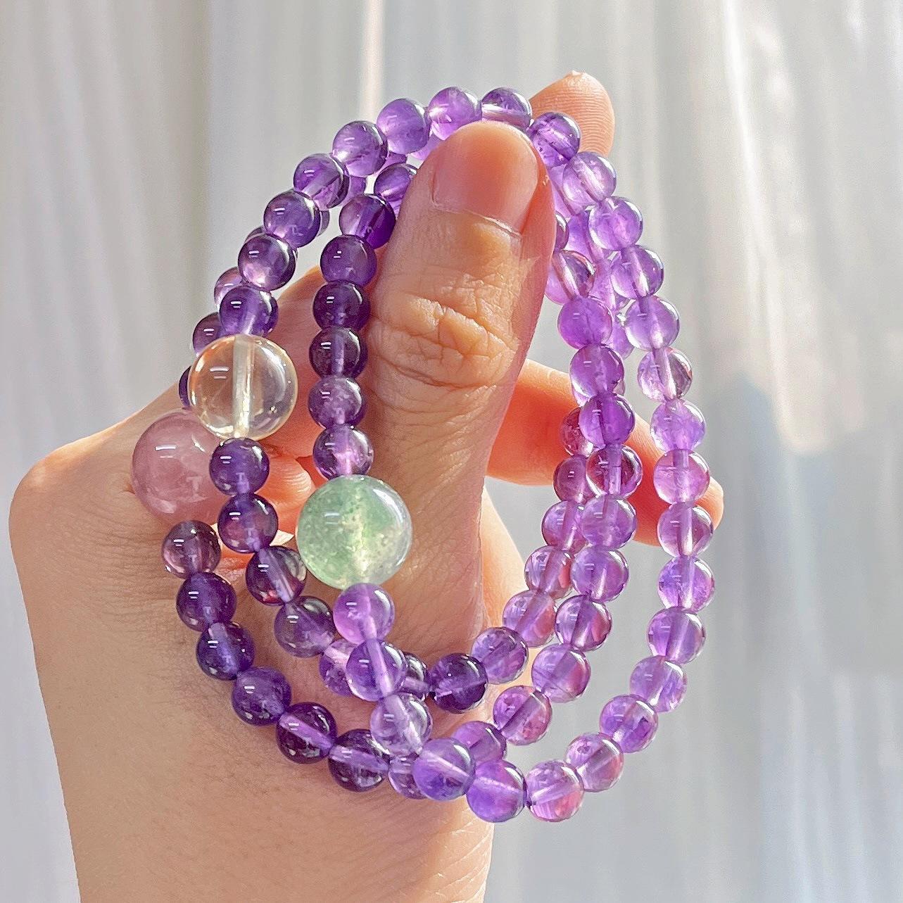 High Quality 6Mm Natural Amethyst Lemon Yellow Purple Horse Powder Strawberry Crystal Design Multi-Circle Bracelet