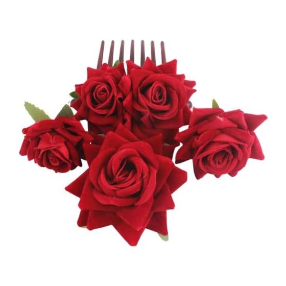 Quikaboo Rose Hair Accessories Set - 4 Pieces (2 U-pins, 1 Hairpin, 1 Comb Pin) - Red Rose Flower Corsage Clips for Hair Styling - Versatile for