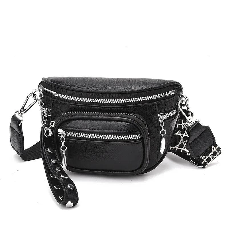 Sacs Bandoulière de Luxe Multi-poches 100% Cuir de Vachette pour Femmes Sacs Messager à Bandoulière Noirs Petit Sac Poitrine Sac de Voyage Selle