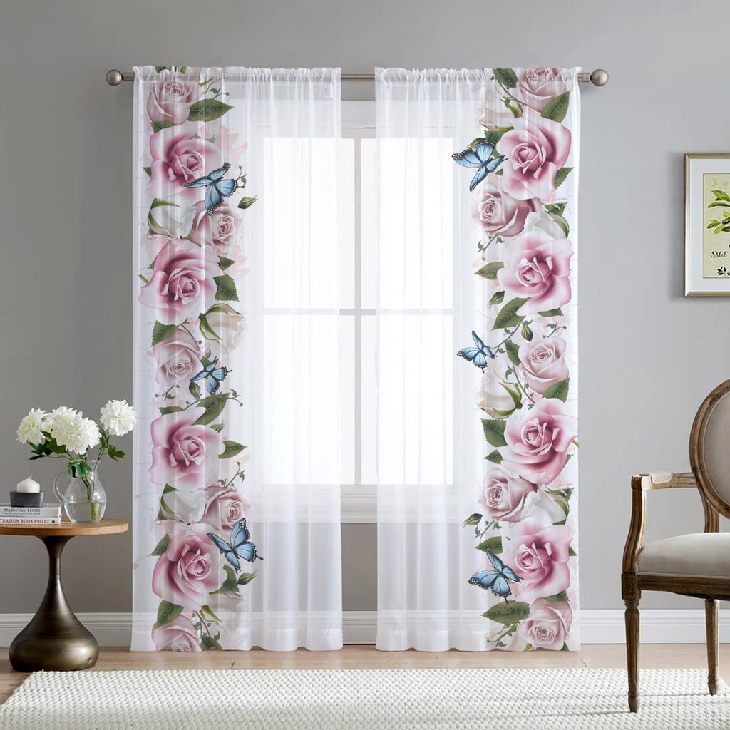 Romantyczna Różana Kwiatowa Żółte Kwiaty Przezroczysta Woalowa Zasłona do Salonu Domowej Kuchni Zielone Liście Motyl Okienna Tiulowa Zasłona