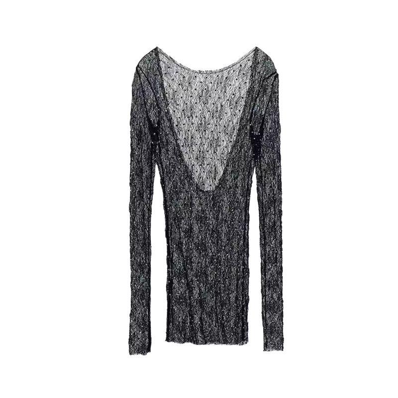Spring New Women's Clothing Long Sleeves Round Neck Rhinestone Bottoming Shirt Sexy Lace Open Back Tops 1058003