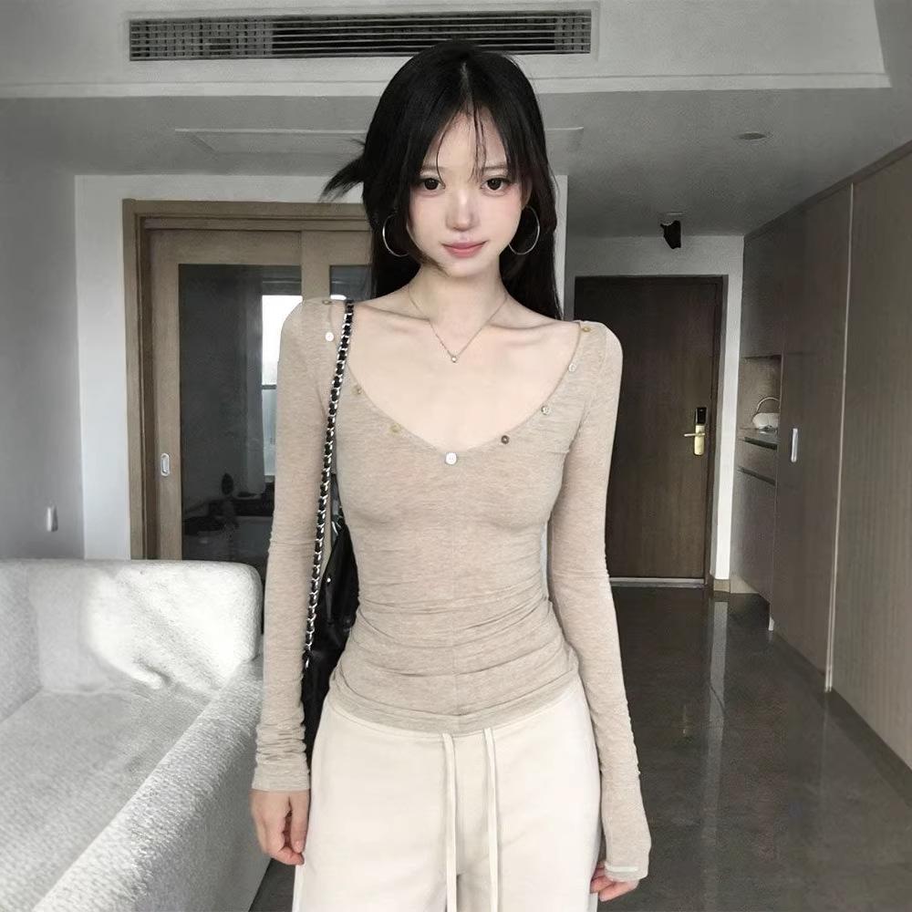 American Button-down Deep V-neck Long-sleeved T-shirt Women's Spring and Autumn New Slim-fitting and Thin Inner Spice Girl Bottoming Shirt Top