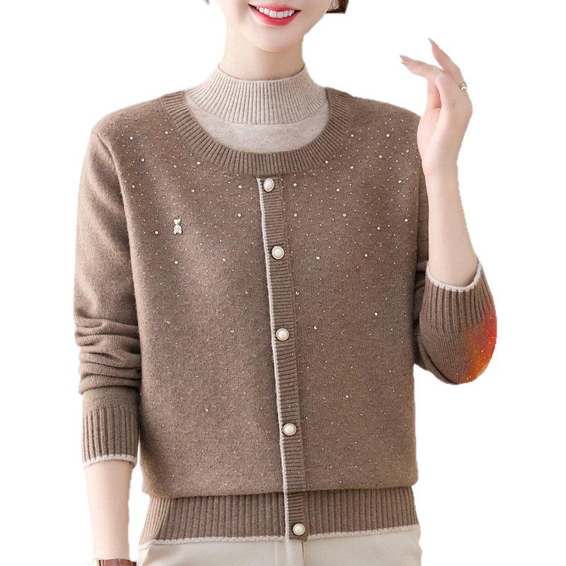 Mom's 2025 Winter Faux Two-Piece Knit Top: Stylish, Warm, Plus Velvet Thickened Sweater for Autumn & Winter