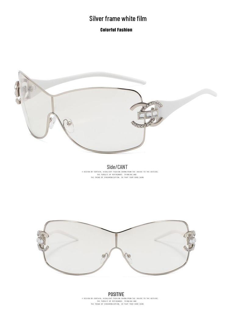 2022 Women's Frameless Rhinestone Fashion Sunglasses, One-Piece Large Frame Design