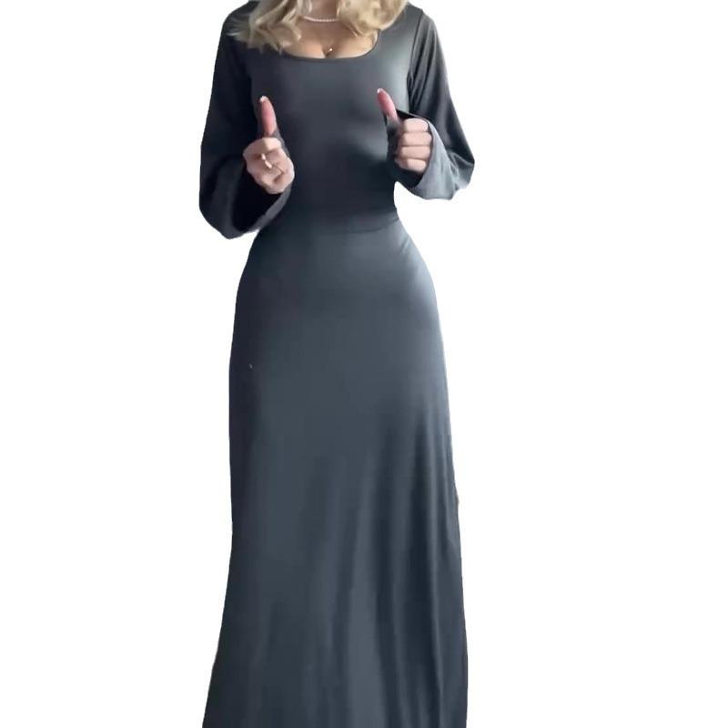 2024 Autumn Women's Solid Square Neck Slimming Long Sleeve Dress