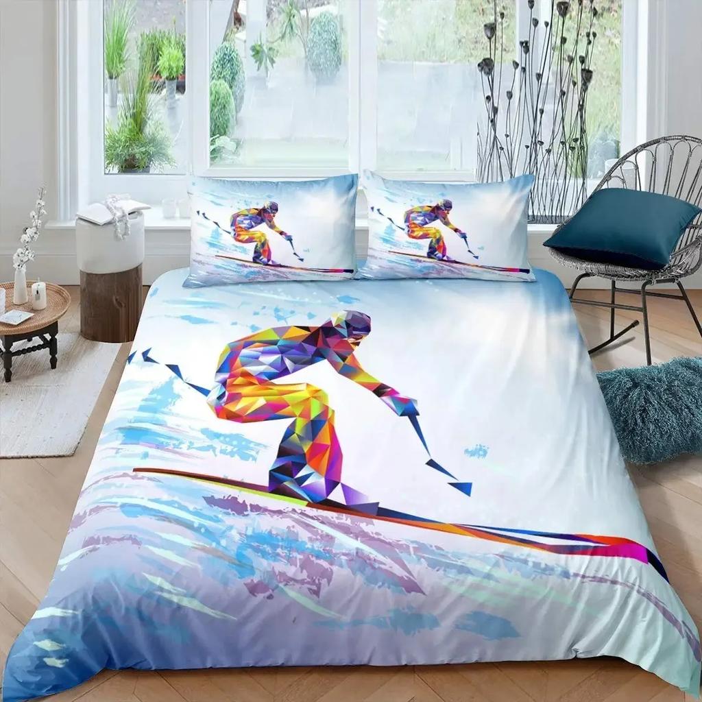 Ski Sports Duvet Cover Set Full Size Winter Sports Skiing Bedding Sets Snow Mountain Landscape Comforter Cover for Boys Girls