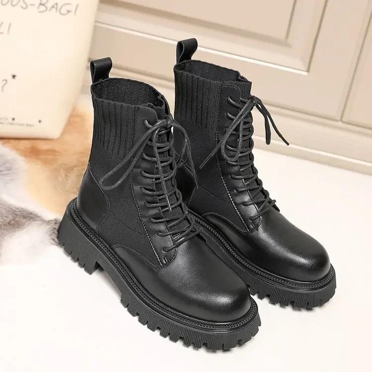 Fashion square heel lace-up knitted socks boots platform black women's ankle boots 2025fashion women's winter warm thick-soled boots