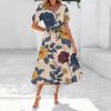 Women's Summer Short Sleeve Round Neck Waistband Bohemian Flowy Layered Maxi Dress With Pockets