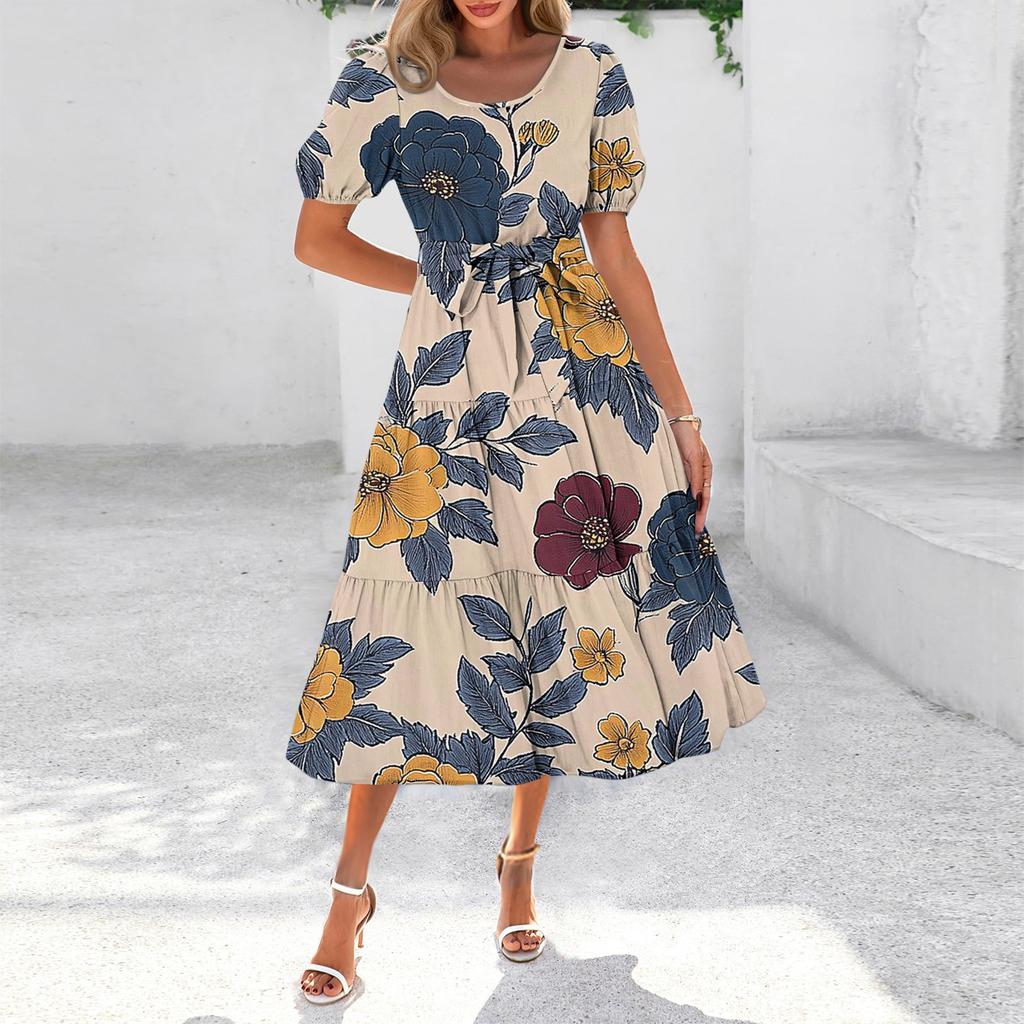 Women's Summer Short Sleeve Round Neck Waistband Bohemian Flowy Layered Maxi Dress With Pockets