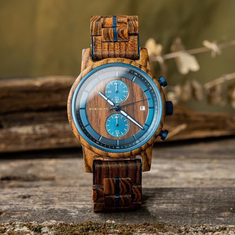 BOBOBIRD Leisure Sports Wood Watch Men's Stainless Steel Back Cover Multifunctional Men's Watch