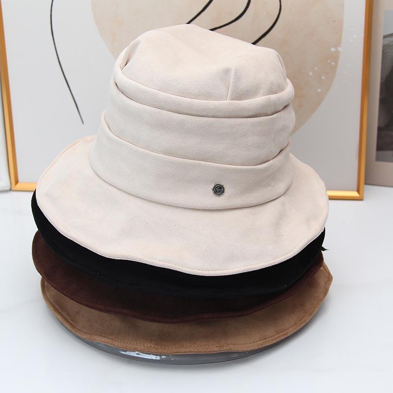 Temperament Pleated Bucket Hat Women's Autumn and Winter New Suede Fashion Show Small Face Casual Soft Brim Basin Hat Tide