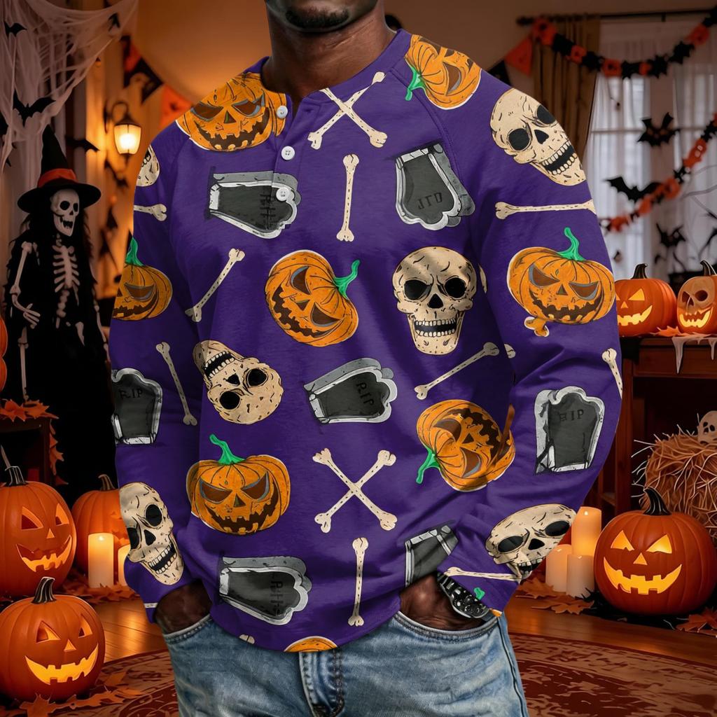 Men's Long Sleeve Shirt Loose Fit Casual Top for Halloween and Everyday Wear