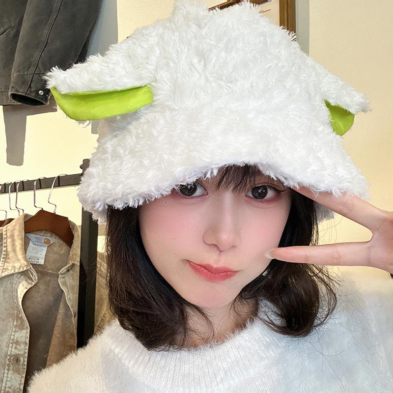 Little Sheep Baa-Fluffy Knit Bucket Hat with Ears - Cute Japanese Style Winter Hat белый