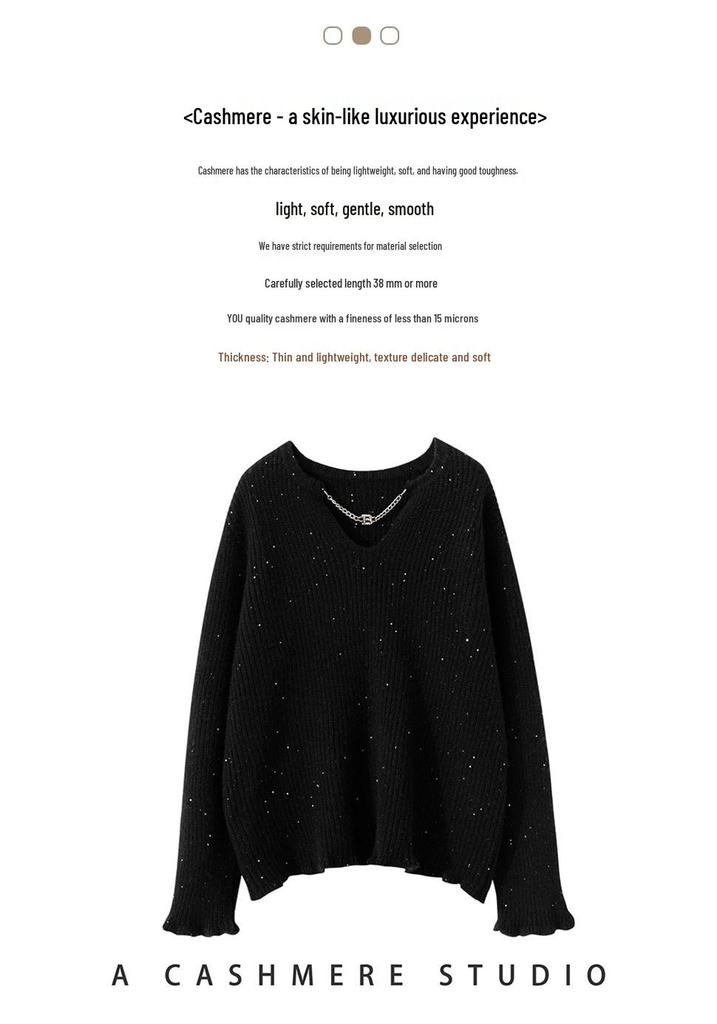 Women's Thickened Cashmere Sweater with Scissor Collar and Sequin Detail - Autumn/Winter Knitted Base Layer
