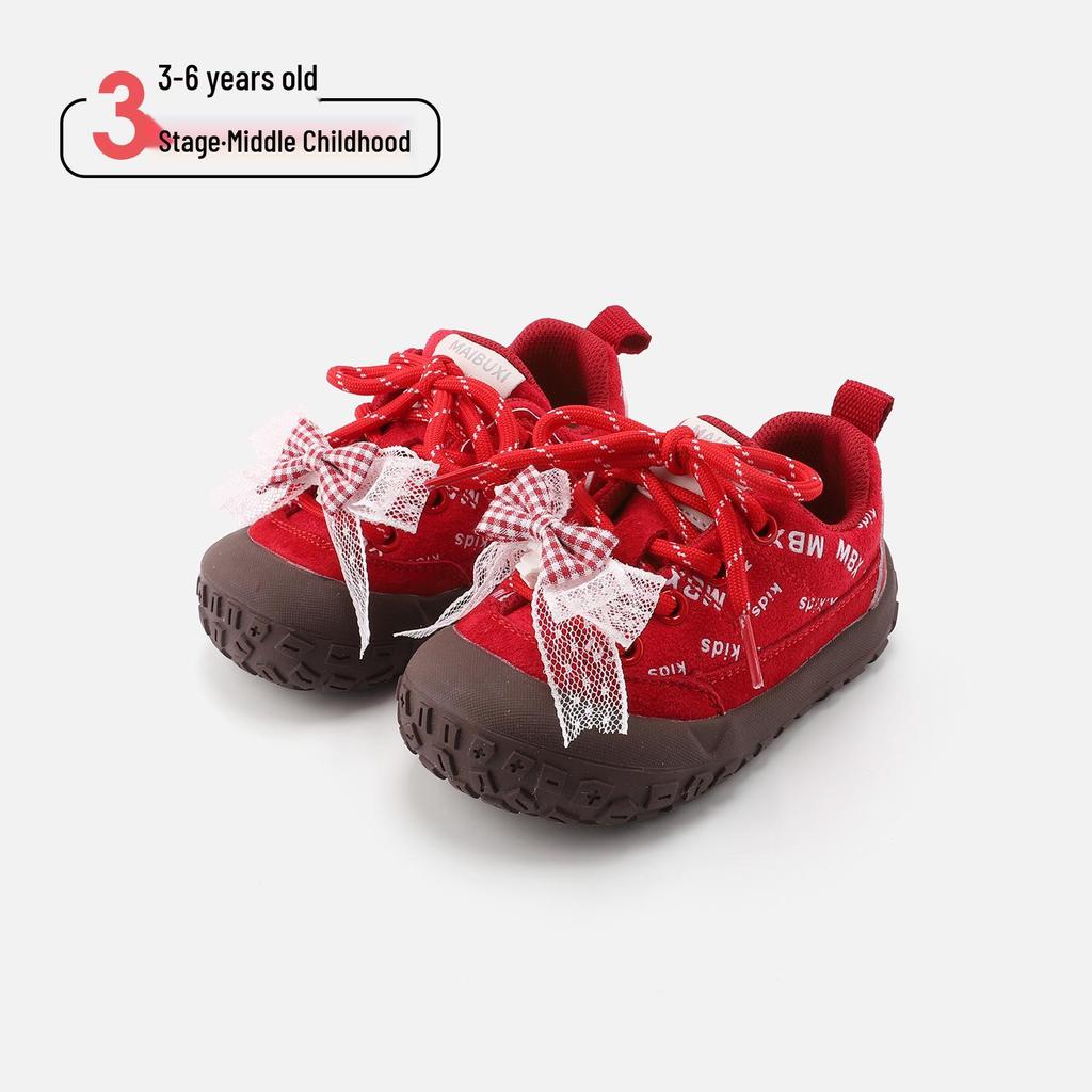 Spring 2026 Girls’ Soft Sole Walker Shoes - Non-Slip, Closed-Toe with Bow Detail