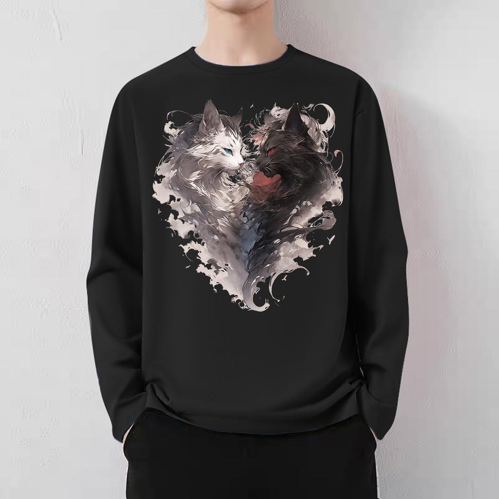 Japanese high street smoke cat print men and women 2024 spring and autumn loose American lazy chic couple crew neck t-shirt
