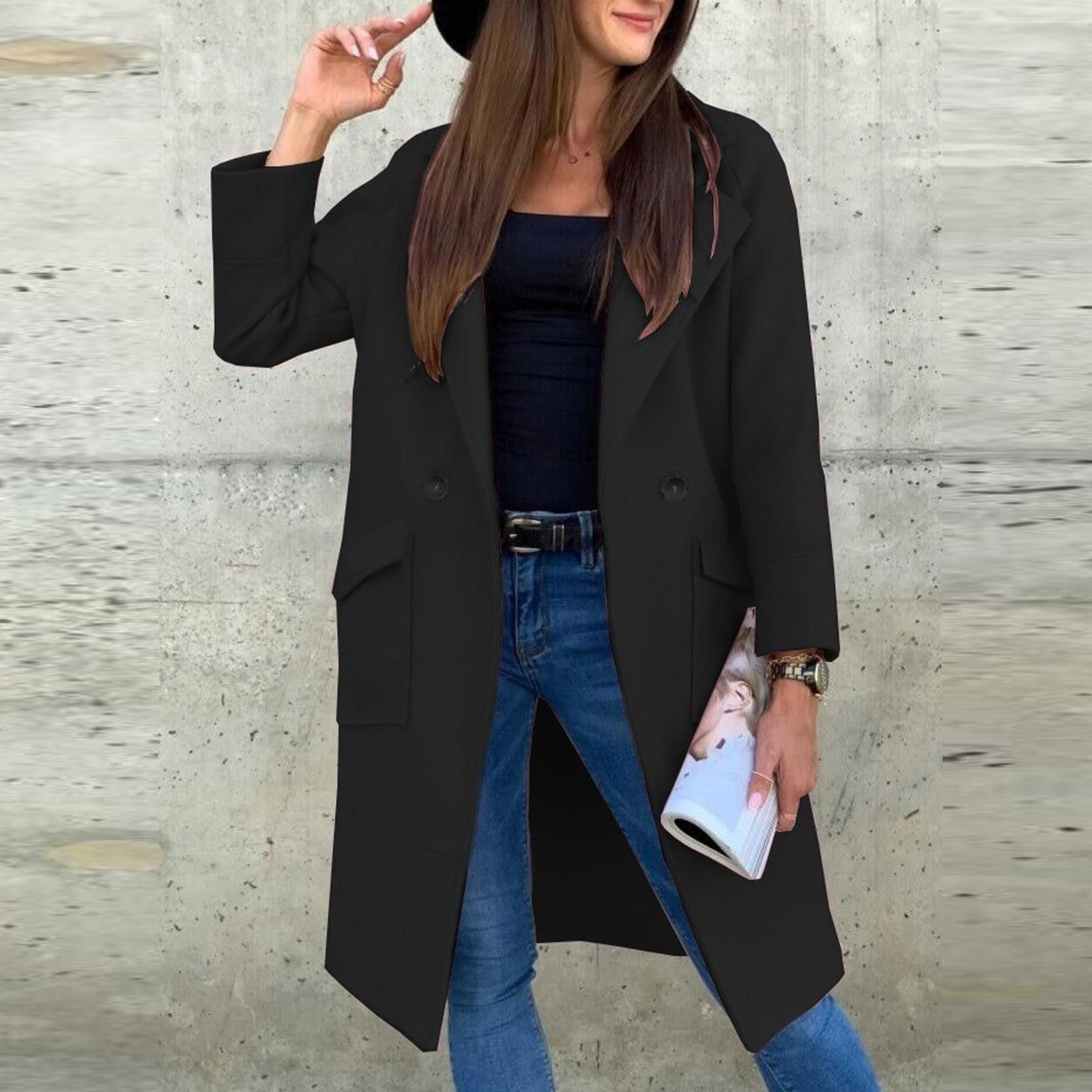 

Women s And Winter Solid Color Long Sleeve Lapel Button Pocket Tweed Medium Length Coat XXL чорний