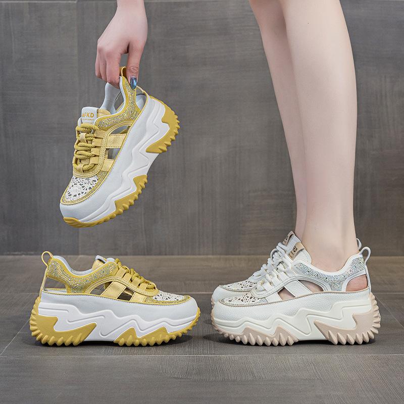 2025 summer new leather breathable casual trend women's shoes trend thick-soled versatile rhinestone sandals women