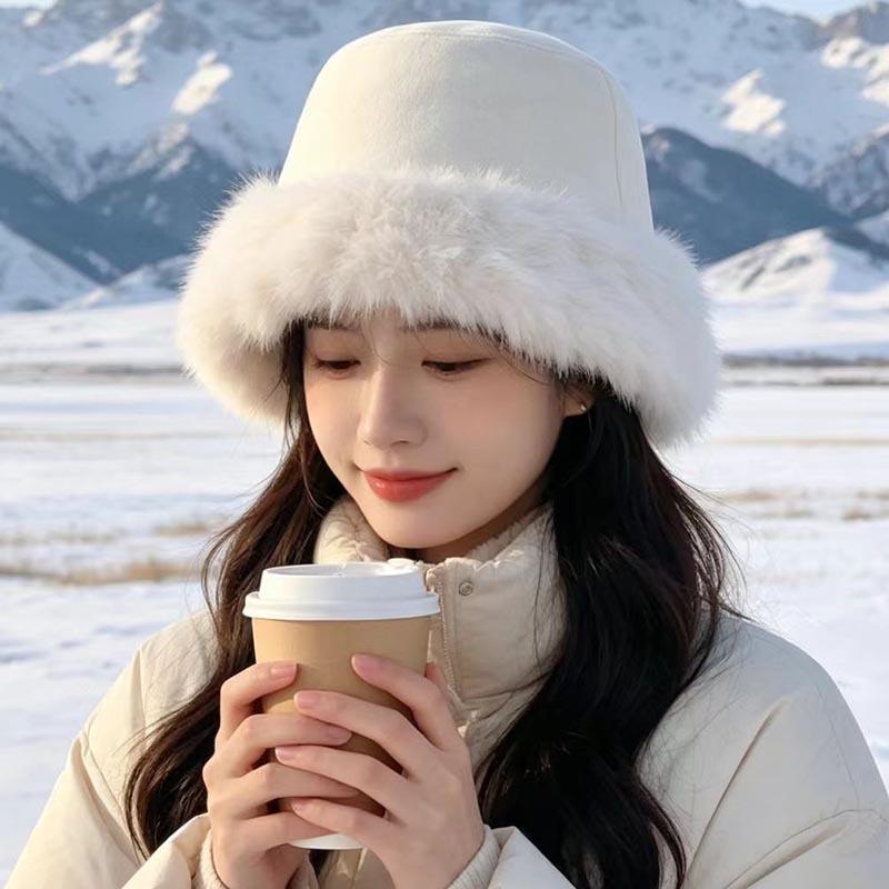 High-end double-sided wearing imitation rabbit fur bucket hat women's autumn and winter suede thermal basin hat shows a small face flat top Mongolian