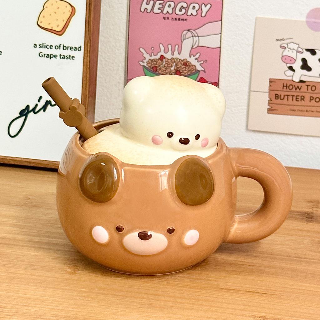 Cute Bear Ceramic Mug, Birthday Gift Cup, Gift Box for Girlfriends, Water Cup, Household Couple Cup with Lid