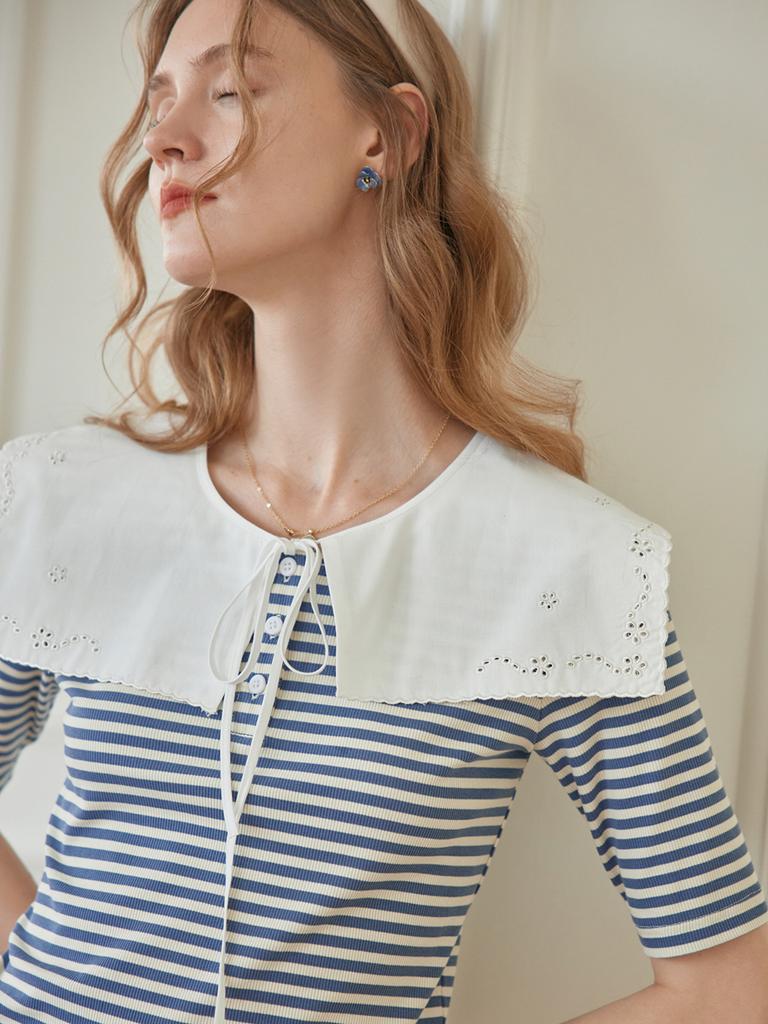 Simpeulleteulo Claire Striped Blue Two-Piece Knitted T-Shirt