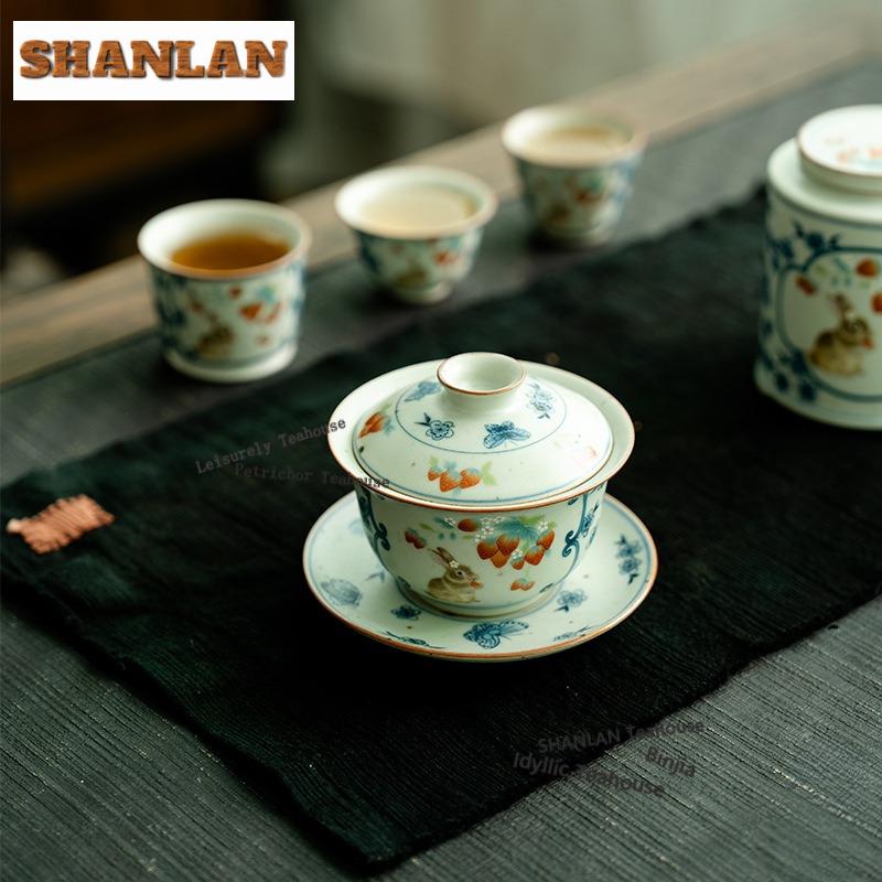 180ml Blue And White Ru Kiln Butterfly Gaiwan Creative Tea Tureen Household Tea Bowl With Lid Kit Tea Brewing Cover Bowl Teaset
