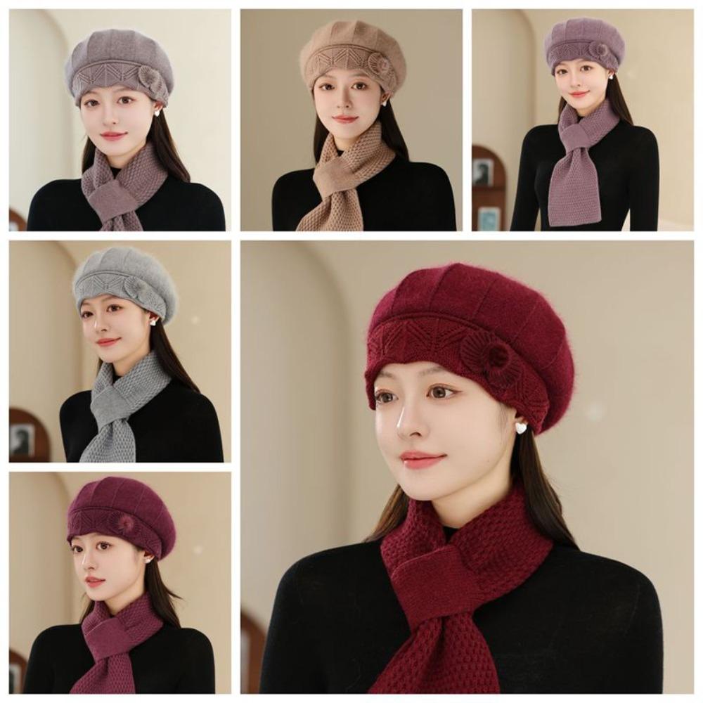 Casual Thicken Mom Hat Scarf Windproof Rabbit Fur Knitted Hats Coldproof Winter Hat Scarf Women