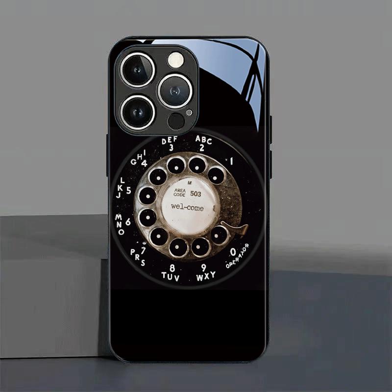 Vintage Turntable Phone Pattern Tempered Glass Phone Case Black for iPhone17 16P 15 14 13 12 11 11 Pro Back Cover