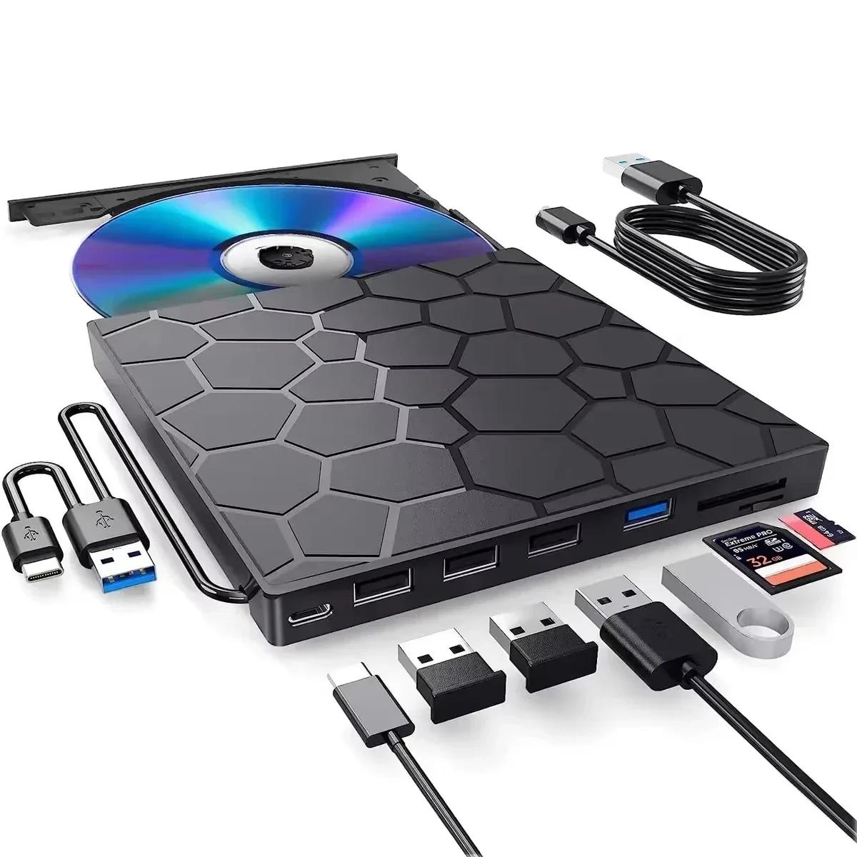 

Внешний CD/DVD-привод 7-в-1 USB 3.0 Type C Портативный DVD-плеер Записывающее устройство CD Внешний дисковод для настольного компьютера Mac Windows Linux чёрный