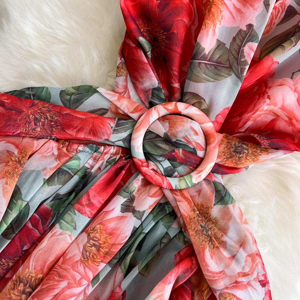 Γυναικείο Μποέμ V-λαιμόκοψη Ανοιχτή Πλάτη Μεσάτο Λεπτό Α γραμμής Φόρεμα με Βολάν και Πριτν Φόρεμα Μακρύ Μήκος Μάξι για Διακοπές στην Παραλία