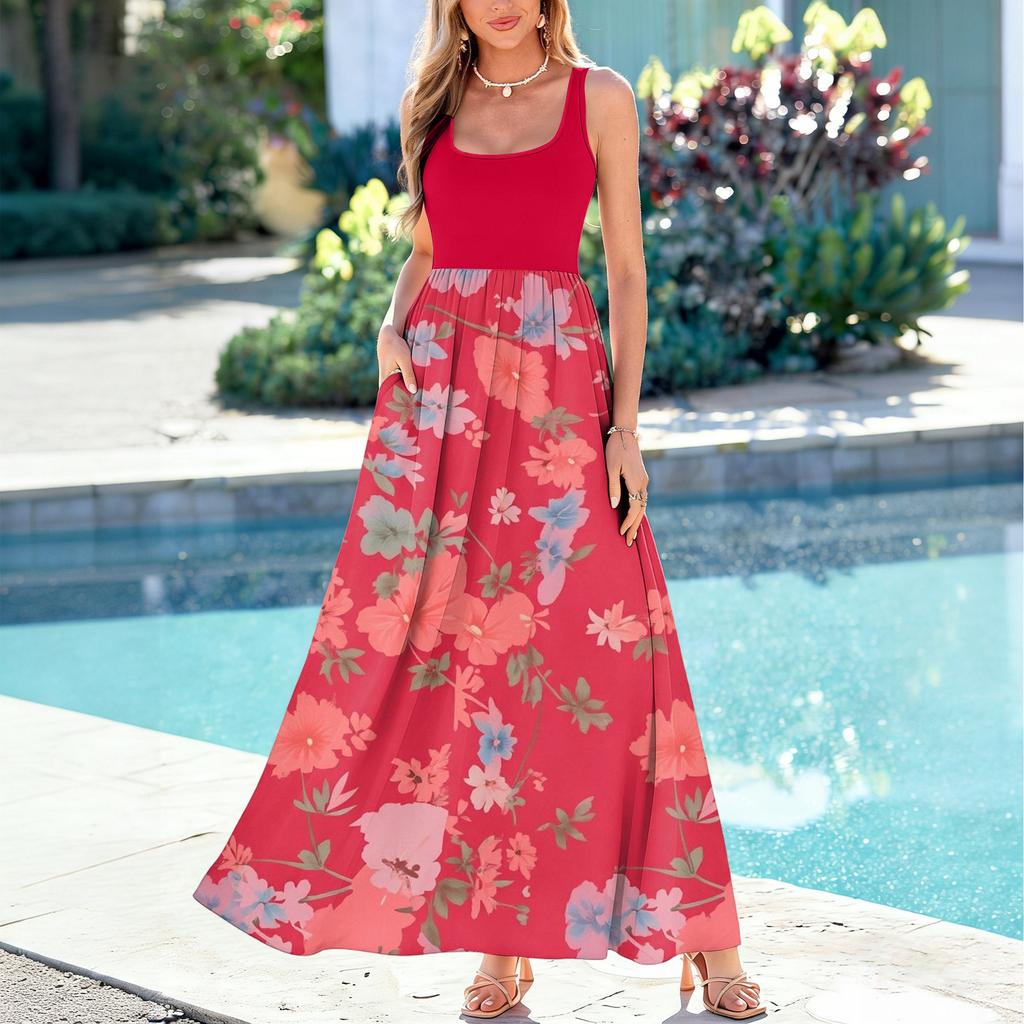 Ladies' floral print summer casual and fashionable sleeveless long dress