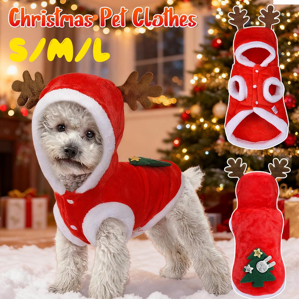 Christmas Dog Costume Festive Elk Red Hoodie with Antlers Pet Outfit Winter Cozy Coat for Small Puppy Chihuahua Yorkshire Costum