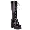 Female Motorcycle Boots Platform Chunky Heel Knee High Med Calf Boots 2024 New Arrivals Platform Chunky Heel Lace Up Red Black