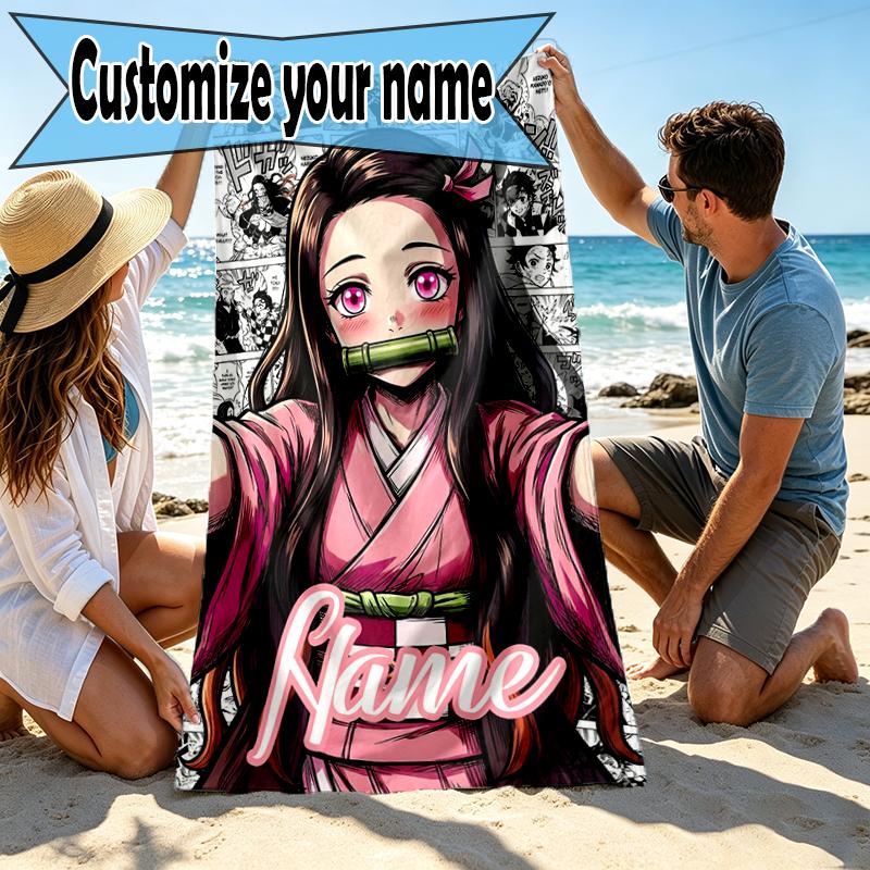 Custom Name Personalized Demon Slayer Print Beach Towel, for Trip Camping Beach Party Home Decor, Birthday Gift for Family & Friends